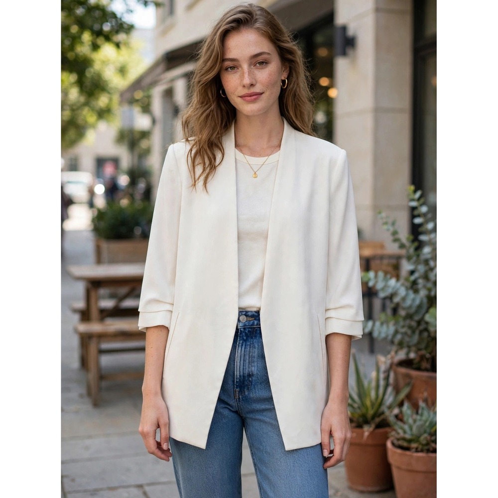 Babaton Aritzia Samuel Blazer Cream White Open Front Ruched Sleeve Jacket Sz 12